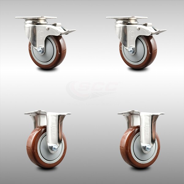 Service Caster 4 Inch 316SS Maroon Polyurethane Swivel Plate Caster Lock Brake 2 Rigid, 2PK SCC-SS316TTL20S414-PPUB-MRN-2-R-2 - main